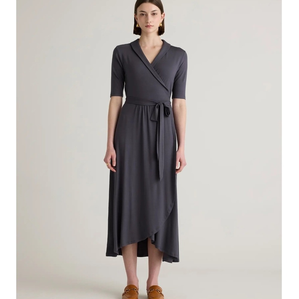 Quince Tencel Jersey Midi Wrap Dress Carbon Grey Shawl Collar Size M NEW